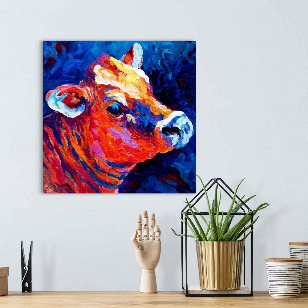 A bohemian room featuring Contemporary painting of cow.  The image is created using long, wide brush strokes of color.
