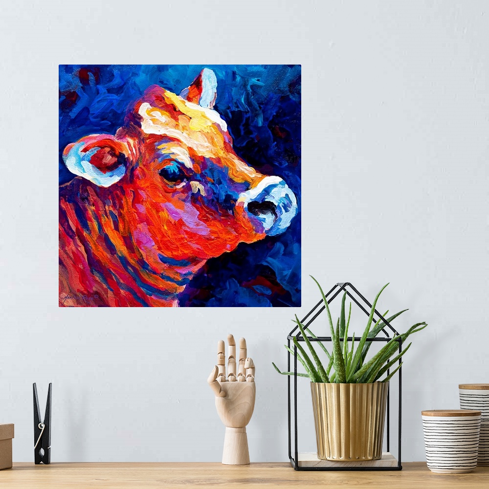 A bohemian room featuring Contemporary painting of cow.  The image is created using long, wide brush strokes of color.
