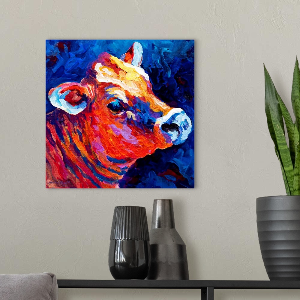 A modern room featuring Contemporary painting of cow.  The image is created using long, wide brush strokes of color.