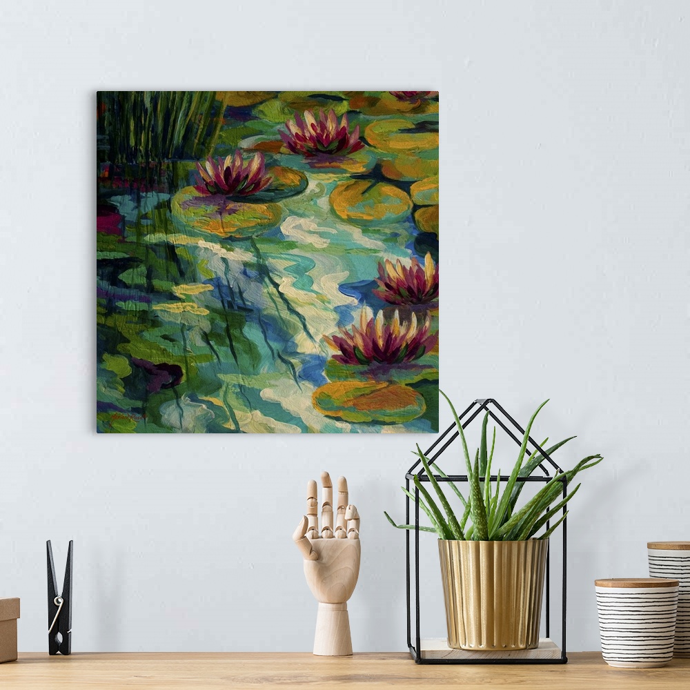 A bohemian room featuring Contemporary painting of lilly pads and lotus flowers sitting on a colorful pond with the afterno...