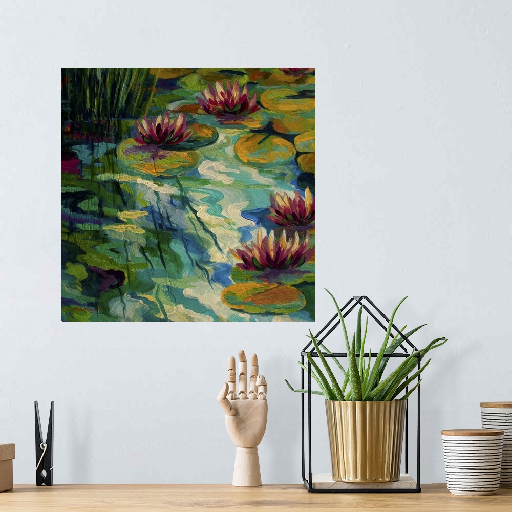 A bohemian room featuring Contemporary painting of lilly pads and lotus flowers sitting on a colorful pond with the afterno...