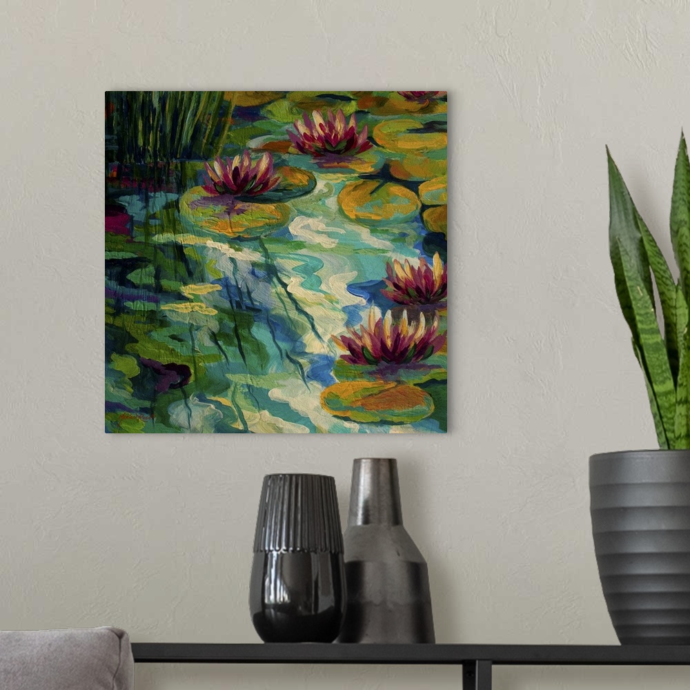 A modern room featuring Contemporary painting of lilly pads and lotus flowers sitting on a colorful pond with the afterno...