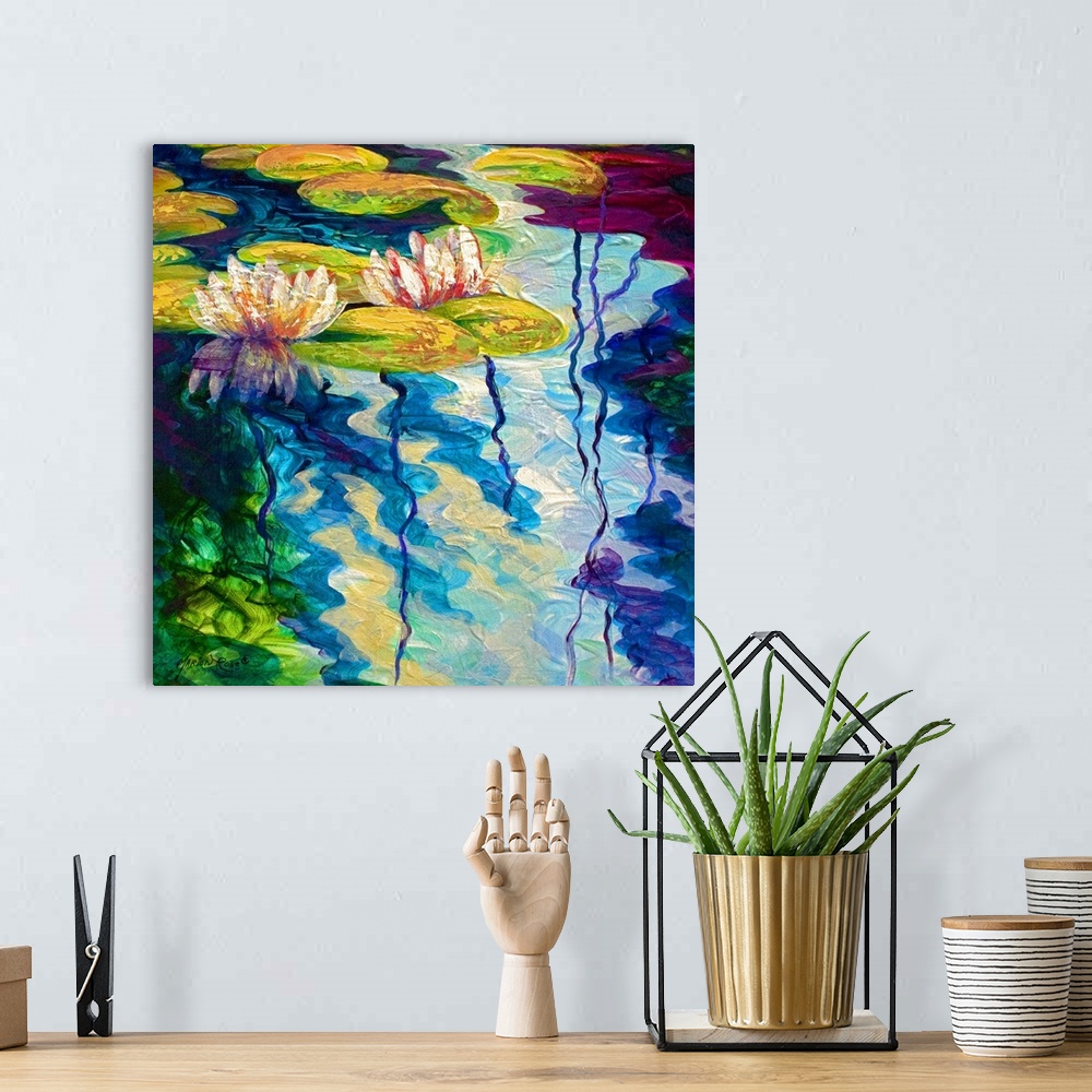 A bohemian room featuring A piece of contemporary artwork that is of lily pads sitting still in a pond. Vibrant colors are ...