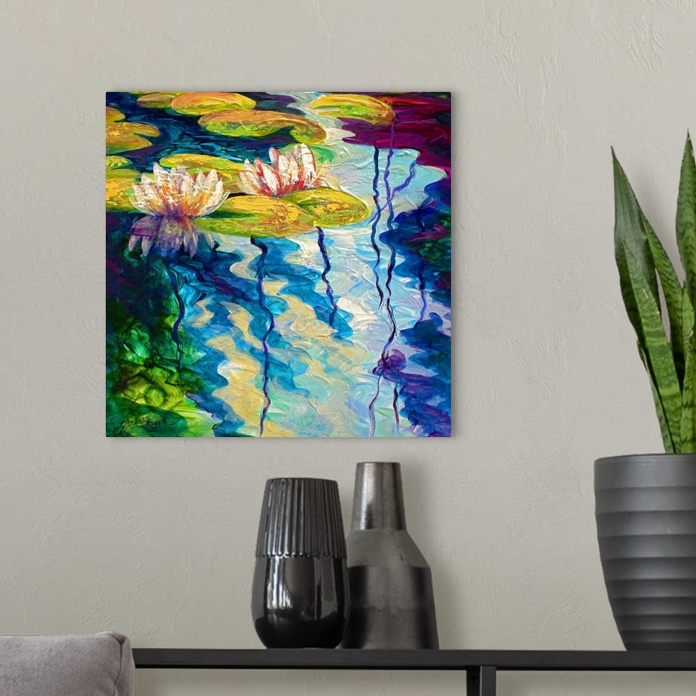 A modern room featuring A piece of contemporary artwork that is of lily pads sitting still in a pond. Vibrant colors are ...