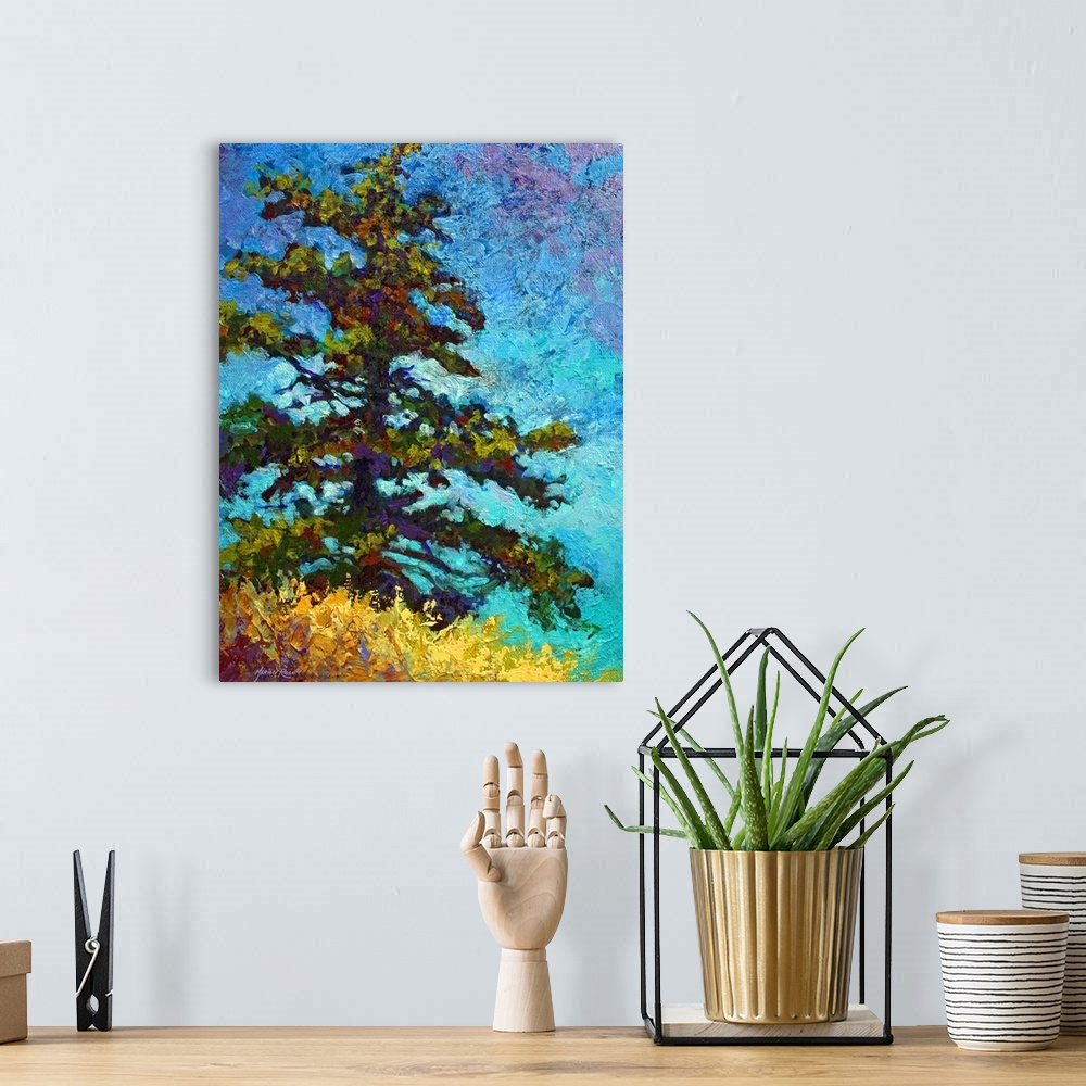 A bohemian room featuring Portrait painting for a living room or office of a single large pine tree on a hill of golden gra...