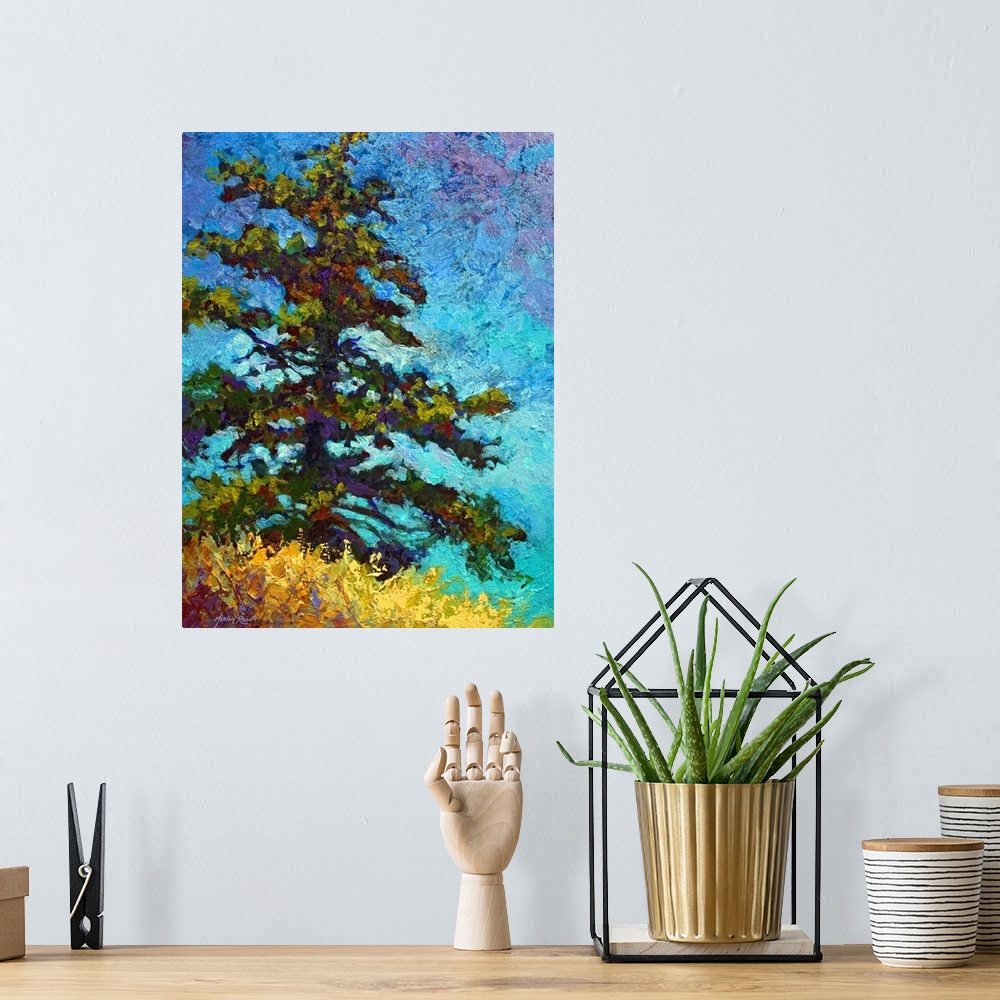 A bohemian room featuring Portrait painting for a living room or office of a single large pine tree on a hill of golden gra...
