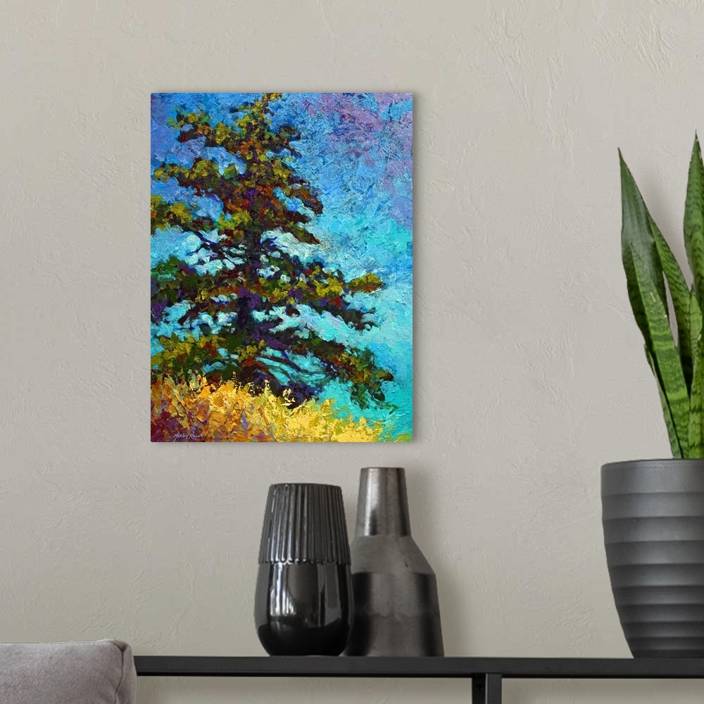 A modern room featuring Portrait painting for a living room or office of a single large pine tree on a hill of golden gra...