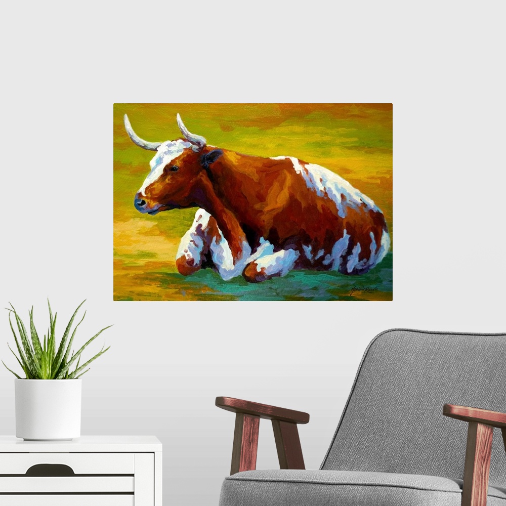 A modern room featuring Large painting of a cow in a field.