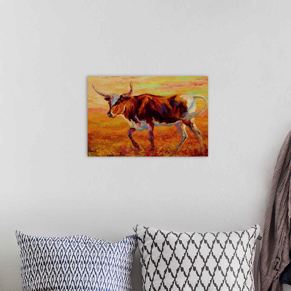 A bohemian room featuring Big painting of a bull on canvas with a warm sunlight tone.