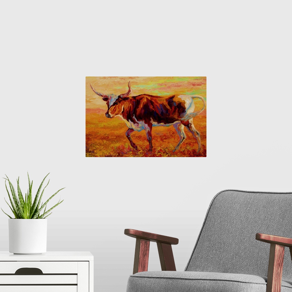 A modern room featuring Big painting of a bull on canvas with a warm sunlight tone.