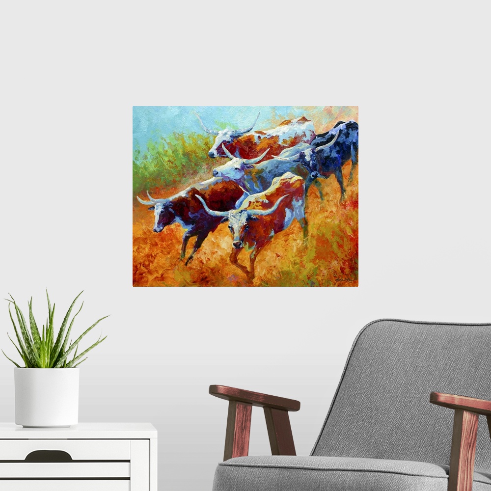 A modern room featuring Big landscape painting of a small group of longhorn cattle running down a grassy hill.   Painted ...