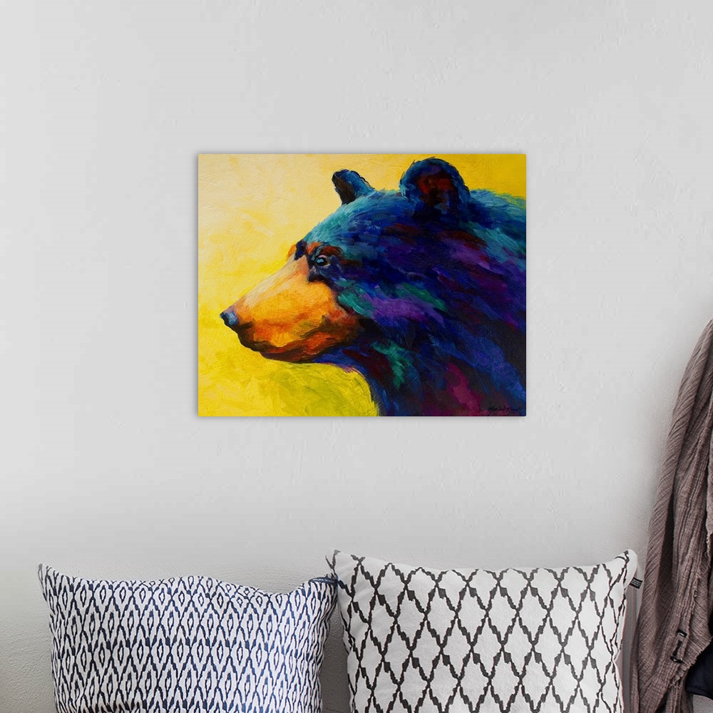 A bohemian room featuring Various cooler colors are used to paint a portrait of a bear which is surrounded by a painted yel...