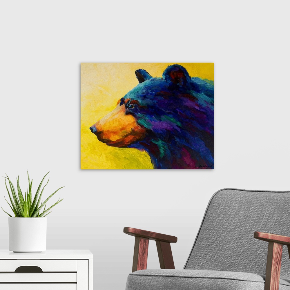 A modern room featuring Various cooler colors are used to paint a portrait of a bear which is surrounded by a painted yel...