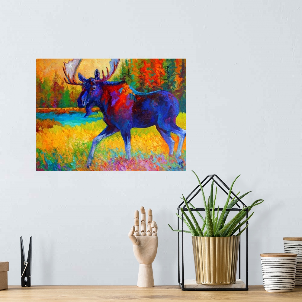A bohemian room featuring A bull moose strolls through grass near a pond in a pine forest in this contemporary painting wit...