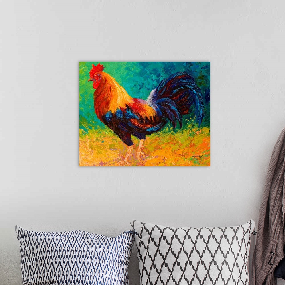 A bohemian room featuring Painting on canvas of a rooster with lots of colors.