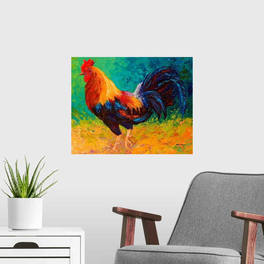 A modern room featuring Painting on canvas of a rooster with lots of colors.
