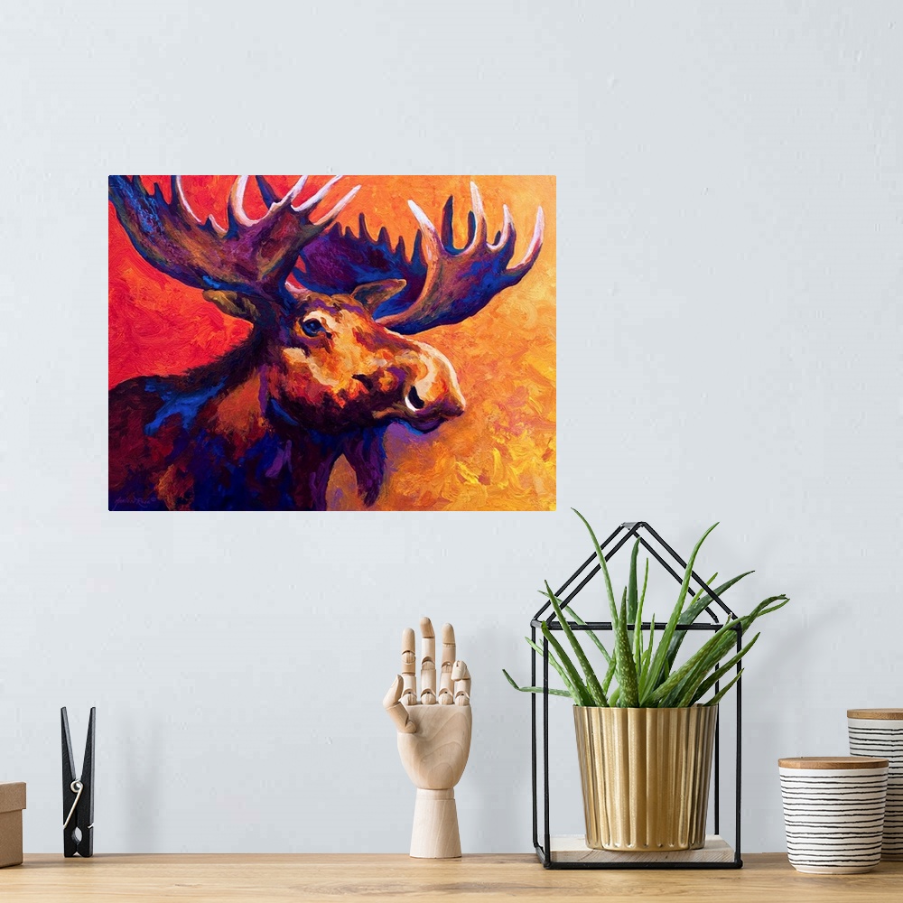 A bohemian room featuring Several colors are used to paint the upper body of a large moose that is surrounded by warm tones.