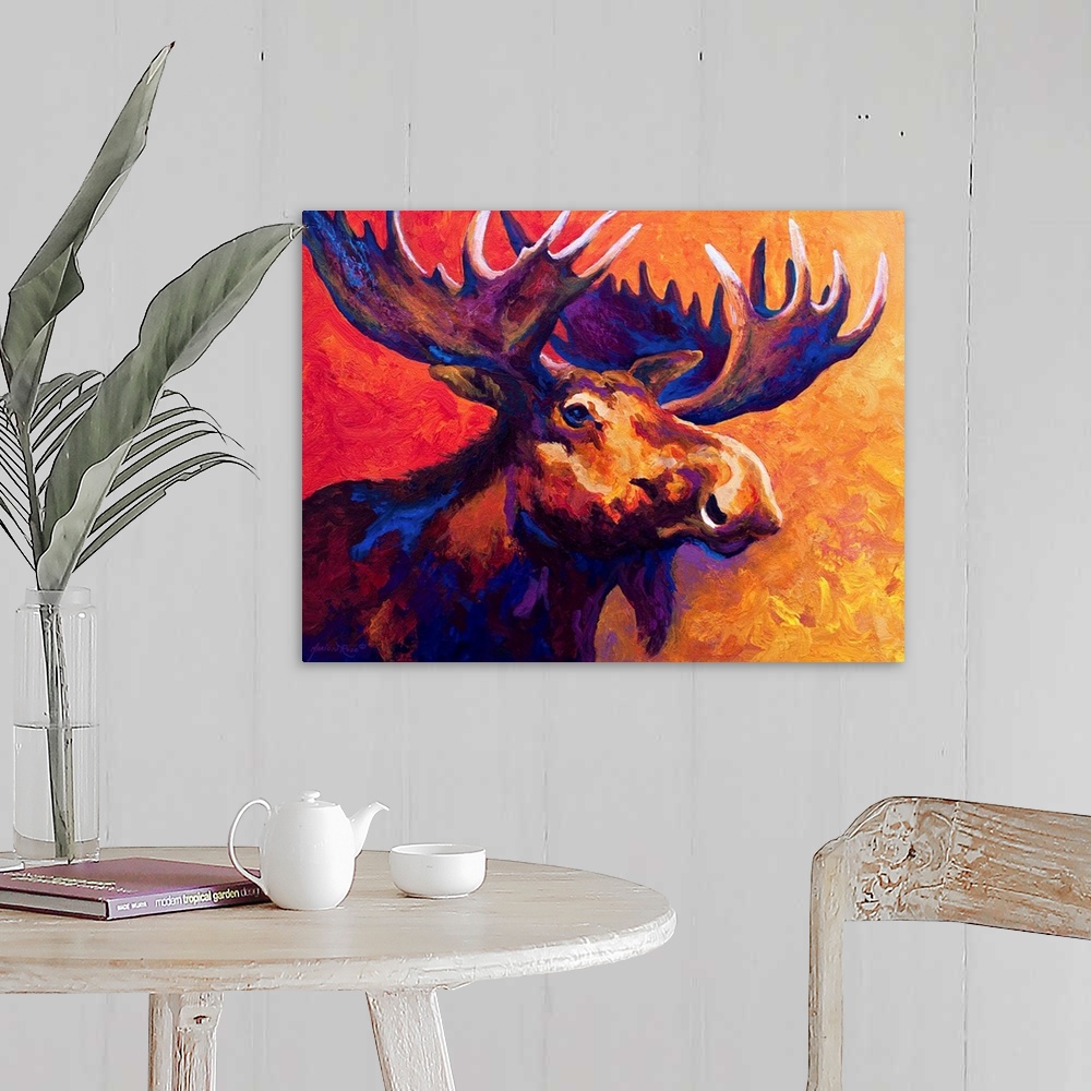 A farmhouse room featuring Several colors are used to paint the upper body of a large moose that is surrounded by warm tones.