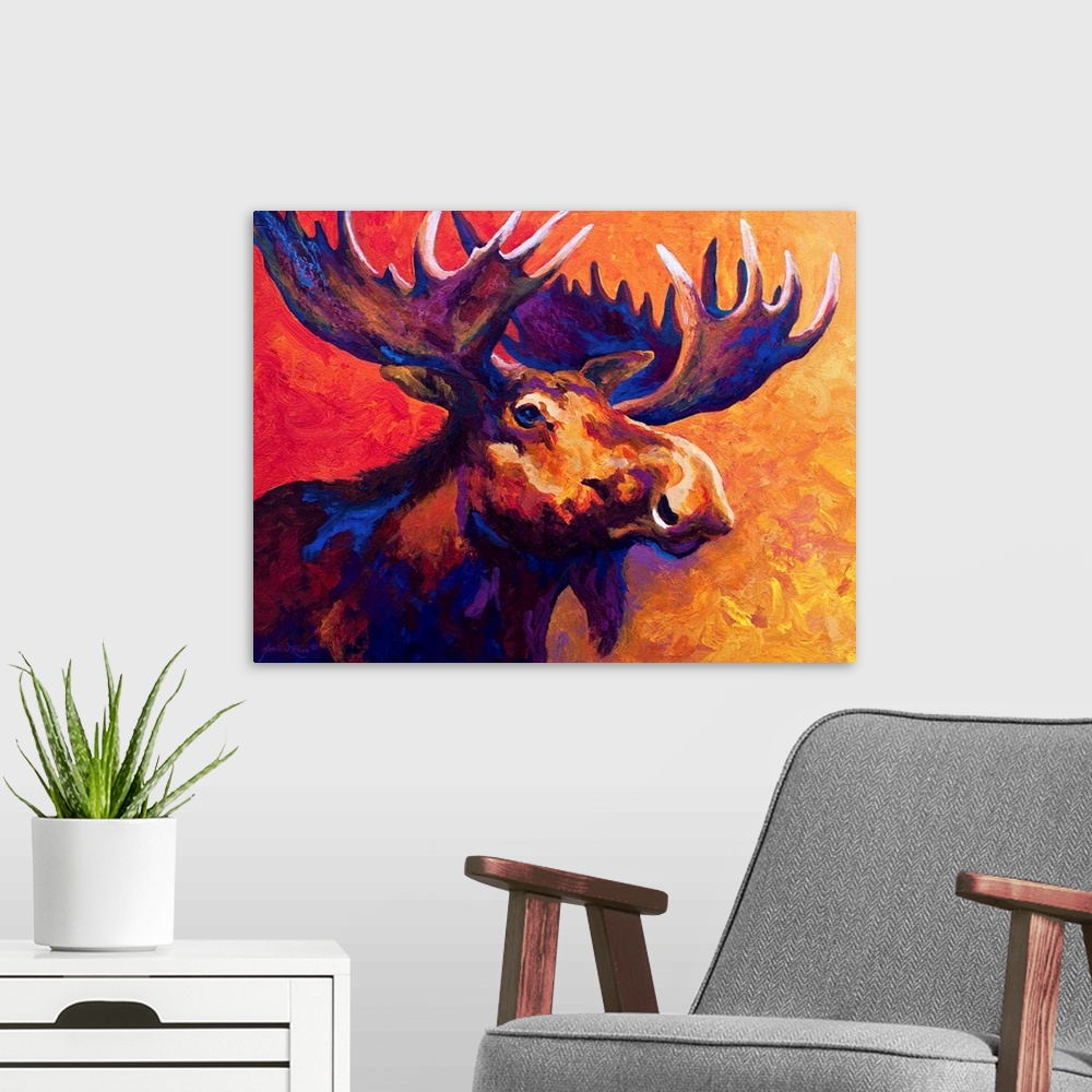 A modern room featuring Several colors are used to paint the upper body of a large moose that is surrounded by warm tones.