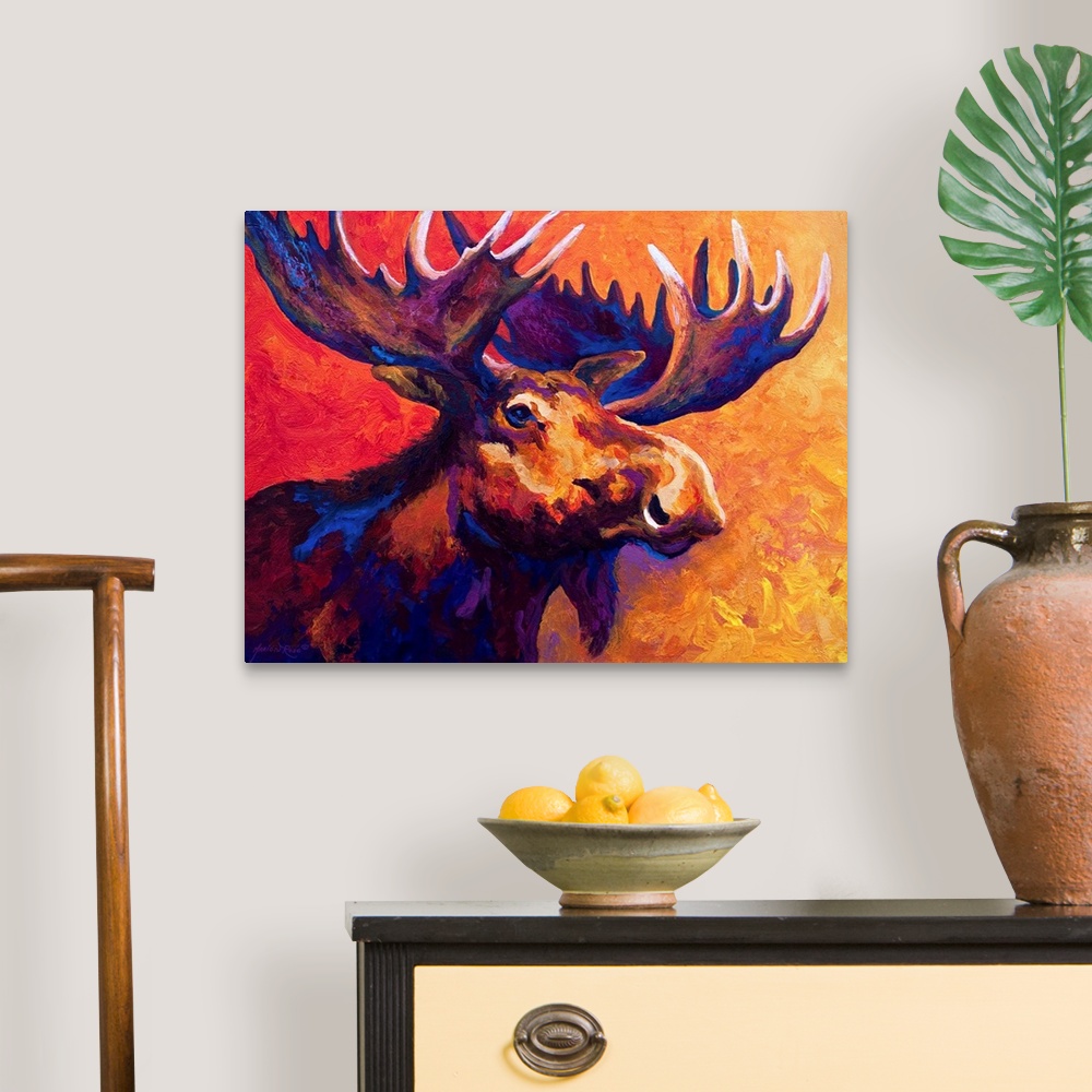 A traditional room featuring Several colors are used to paint the upper body of a large moose that is surrounded by warm tones.