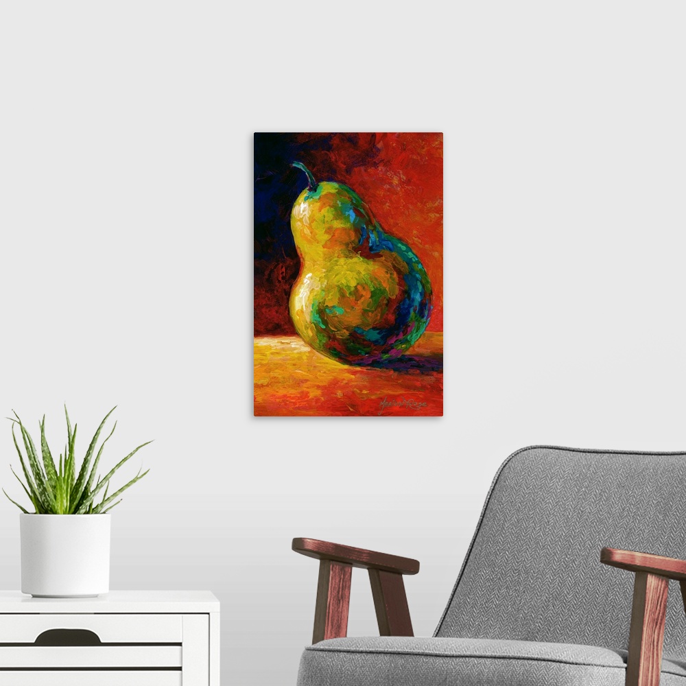 A modern room featuring Contemporary artwork of a single pear resting on a table and casting a shadow, done in bold colors.