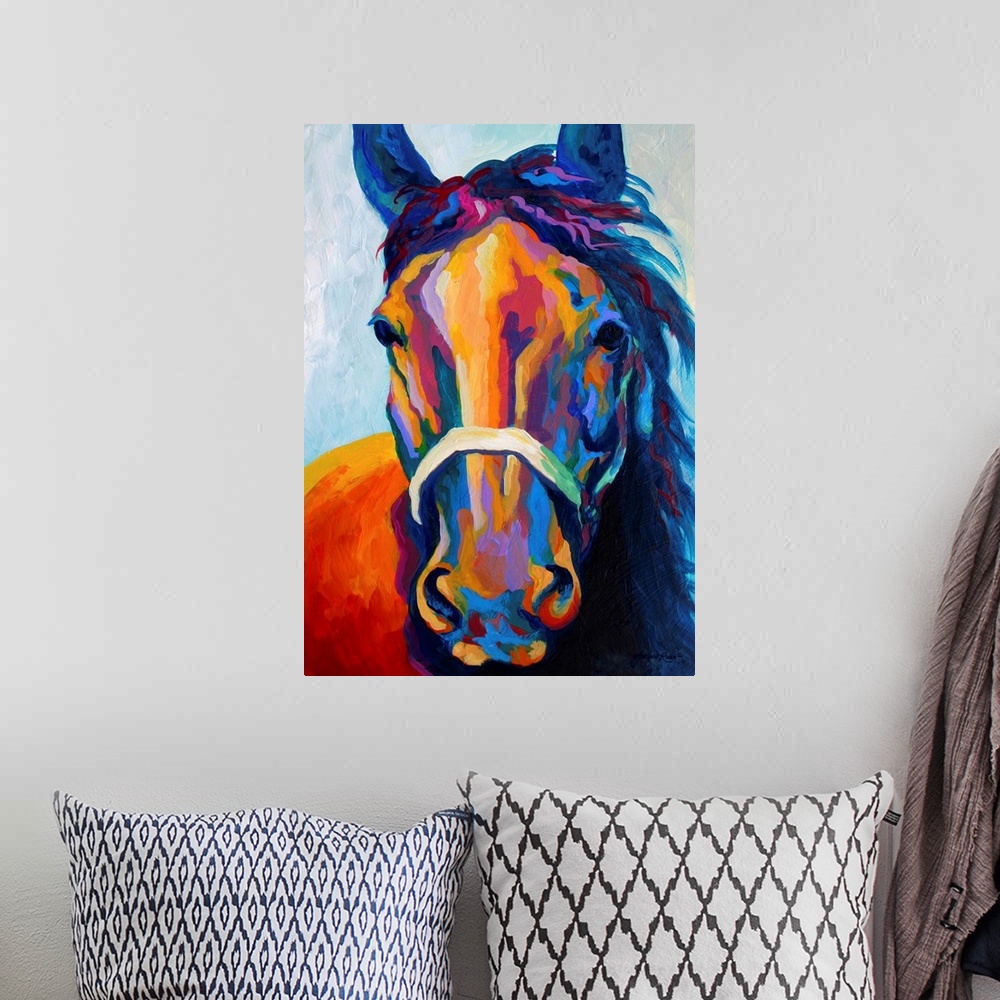 A bohemian room featuring Contemporary art uses warm and cool colors to portray an up close image of a haltered horse's hea...
