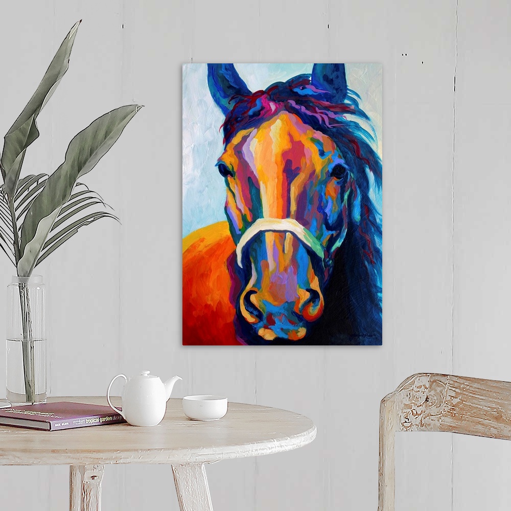 A farmhouse room featuring Contemporary art uses warm and cool colors to portray an up close image of a haltered horse's hea...