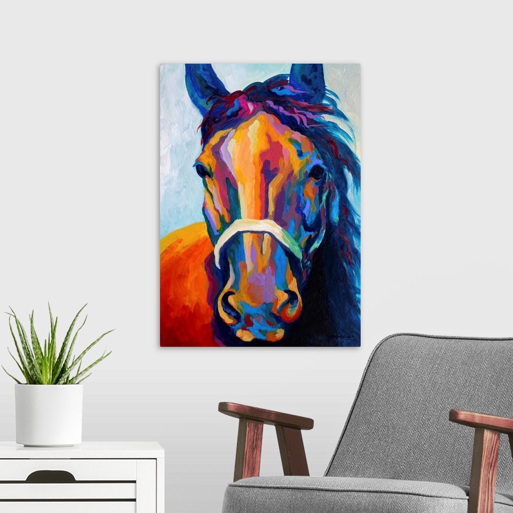 A modern room featuring Contemporary art uses warm and cool colors to portray an up close image of a haltered horse's hea...