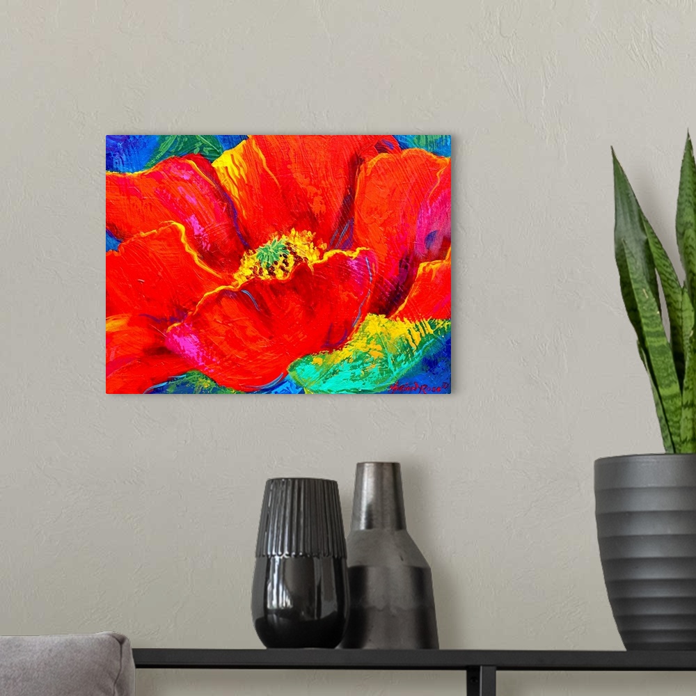 A modern room featuring Up-close painting of boldly colored flower.