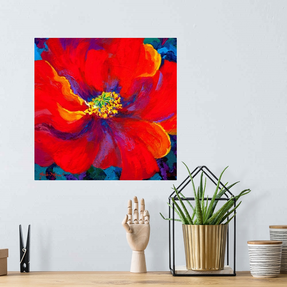 A bohemian room featuring A contemporary artwork piece of a large red flower with accents of colors painted within it and a...