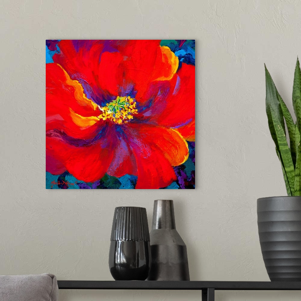 A modern room featuring A contemporary artwork piece of a large red flower with accents of colors painted within it and a...
