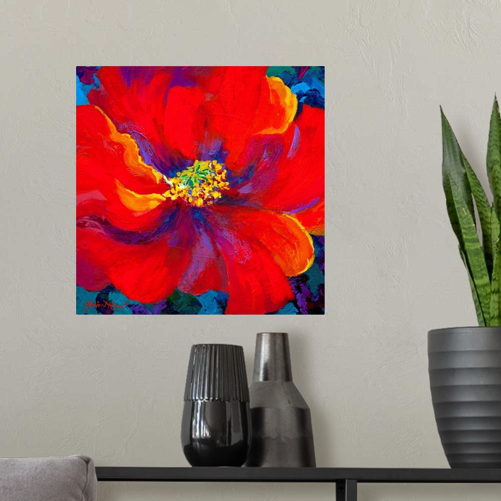 A modern room featuring A contemporary artwork piece of a large red flower with accents of colors painted within it and a...