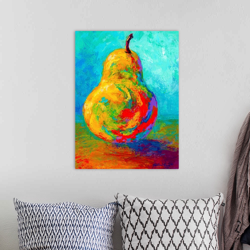A bohemian room featuring This vertical painting of a single piece of fruit balanced up right on the table uses vivid an un...