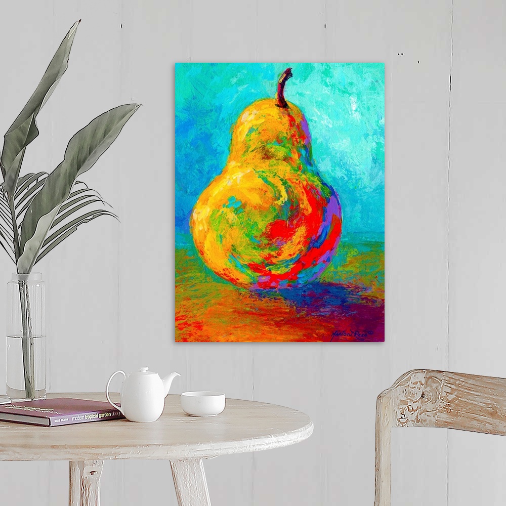 A farmhouse room featuring This vertical painting of a single piece of fruit balanced up right on the table uses vivid an un...