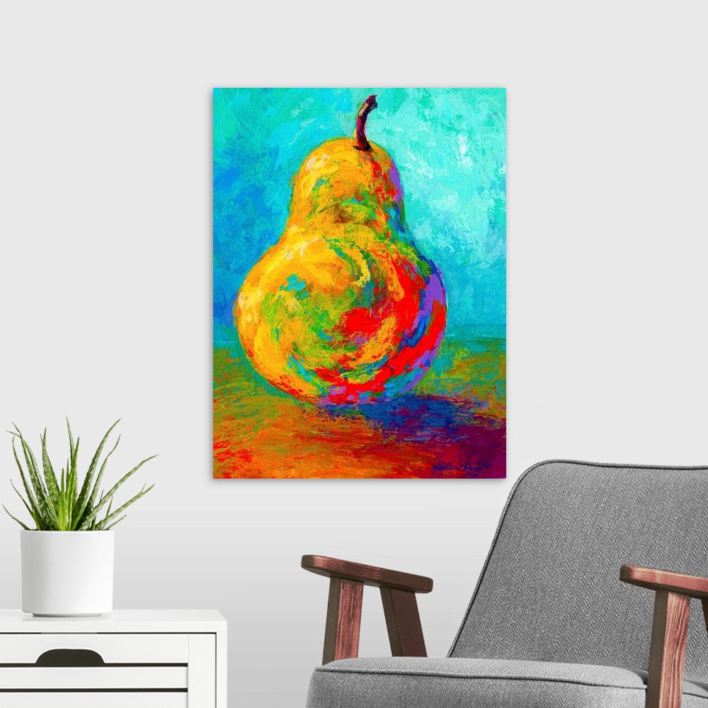 A modern room featuring This vertical painting of a single piece of fruit balanced up right on the table uses vivid an un...