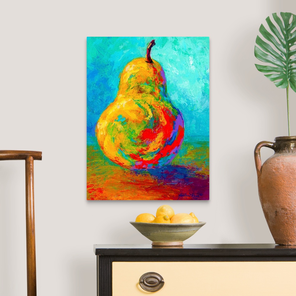A traditional room featuring This vertical painting of a single piece of fruit balanced up right on the table uses vivid an un...