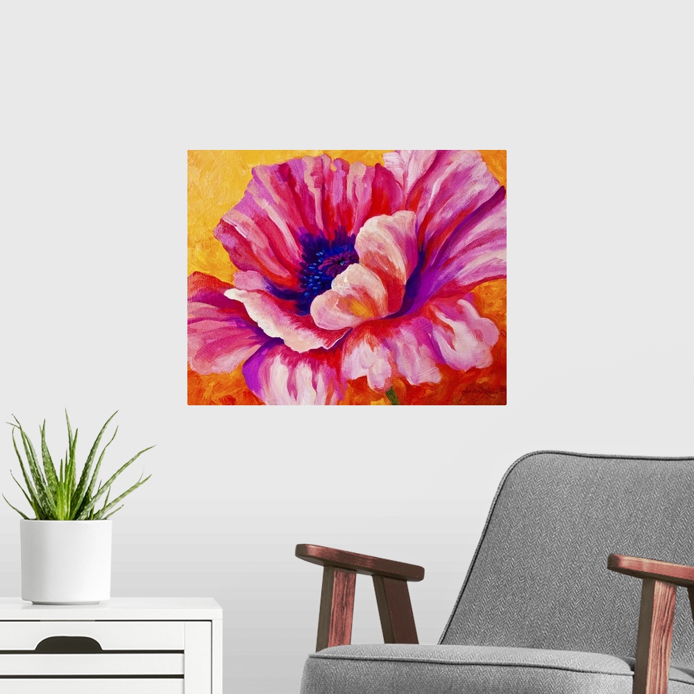 A modern room featuring Contemporary floral painting of a giant blooming pink poppy flower on a bright, textured background.