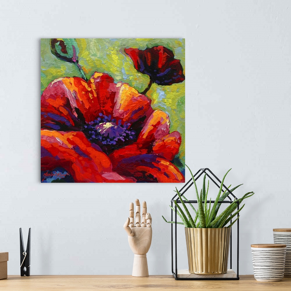 A bohemian room featuring Contemporary painting of three flowers viewed close up on canvas.