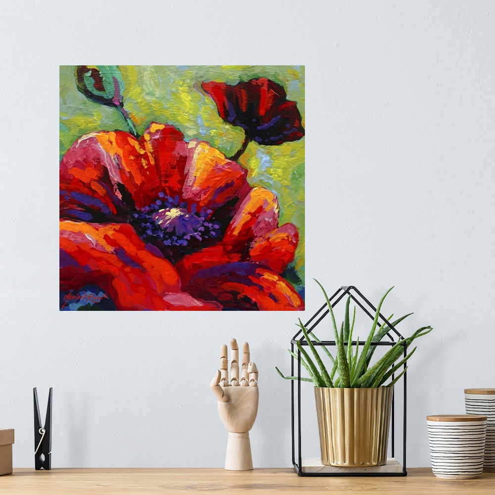 A bohemian room featuring Contemporary painting of three flowers viewed close up on canvas.