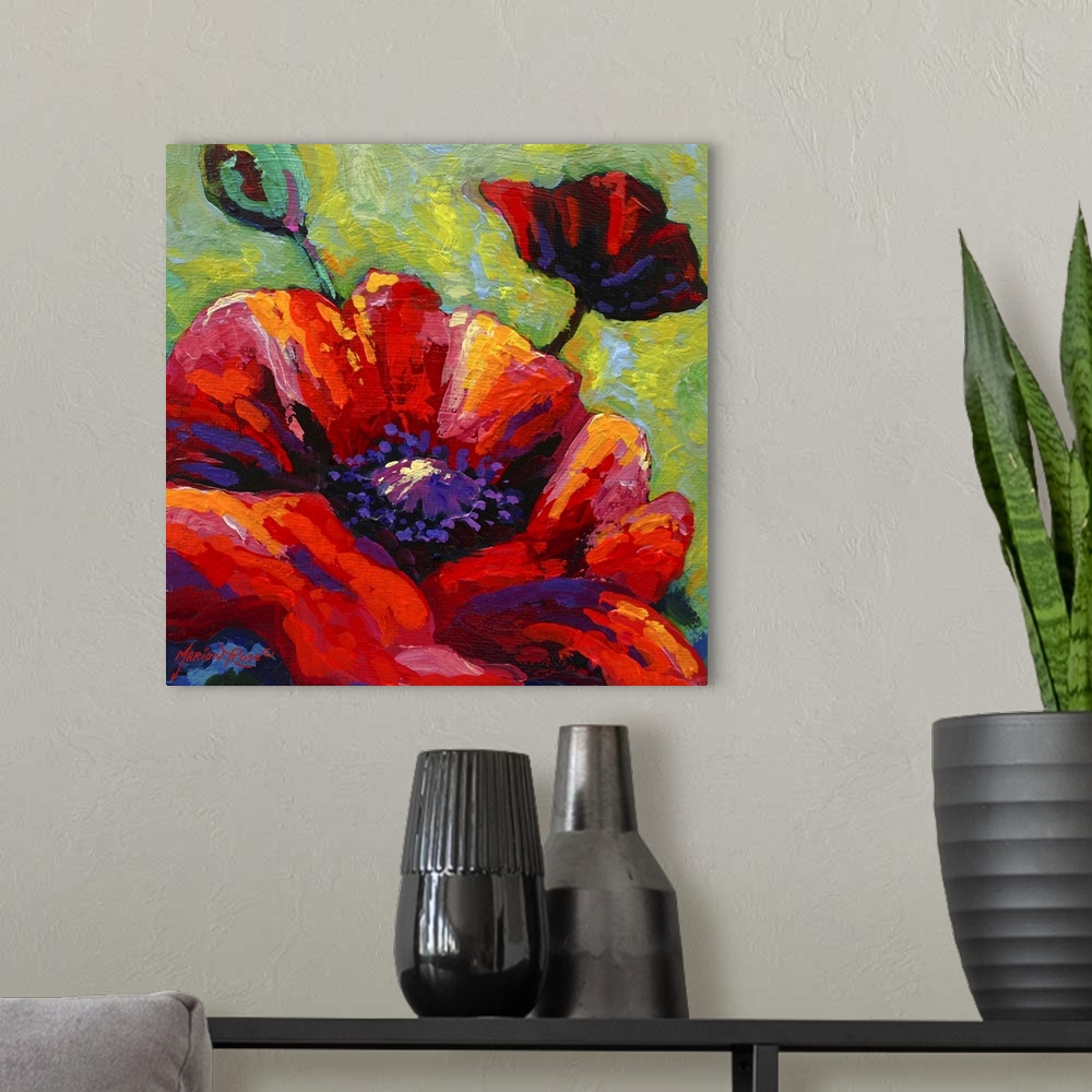 A modern room featuring Contemporary painting of three flowers viewed close up on canvas.