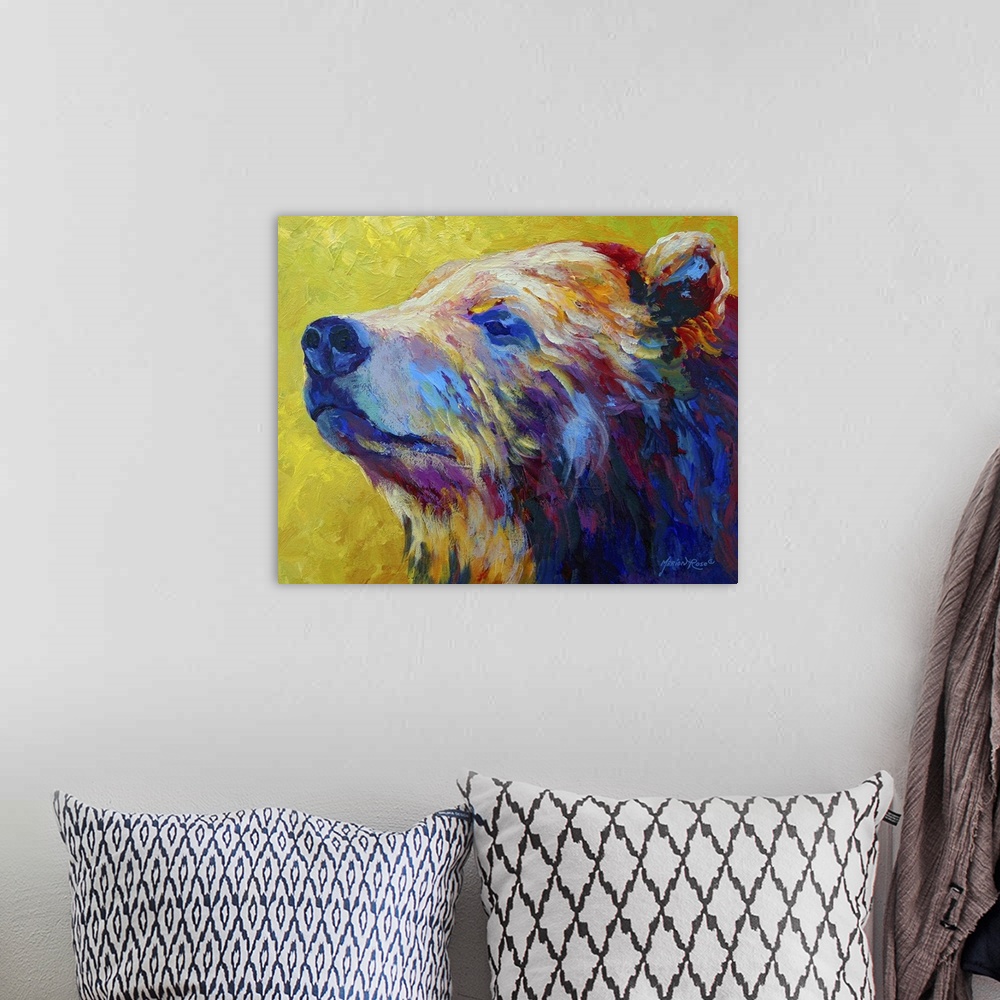 A bohemian room featuring Big, horizontal painting of the face profile of a grizzly bear, painted with flowing brushstrokes...
