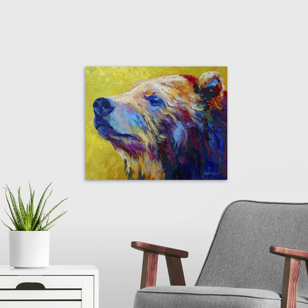 A modern room featuring Big, horizontal painting of the face profile of a grizzly bear, painted with flowing brushstrokes...