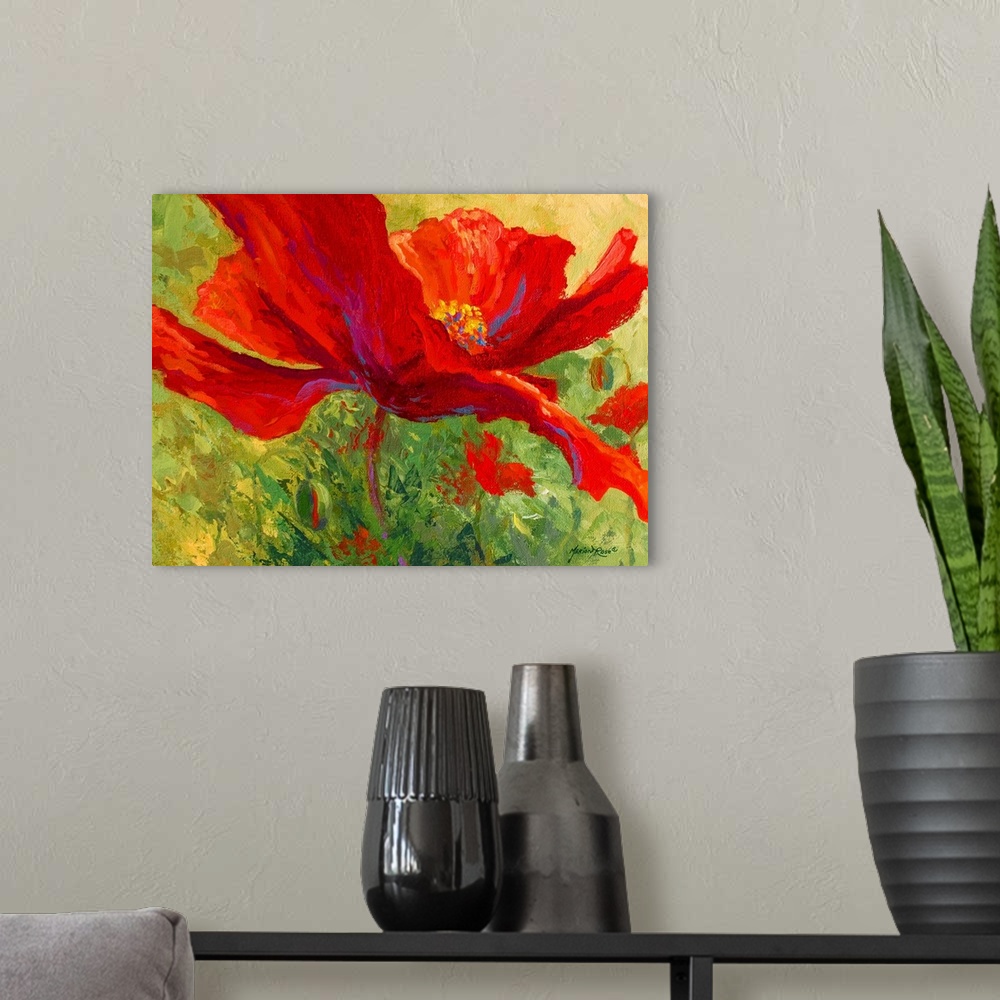 A modern room featuring A close up of painting of flower petals on horizontal shaped wall art.