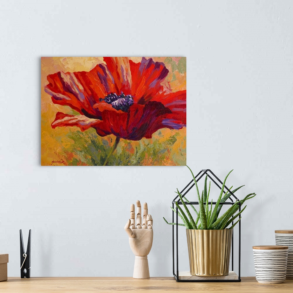 A bohemian room featuring Big contemporary art focuses on a single brightly colored flower positioned in front of a backgro...