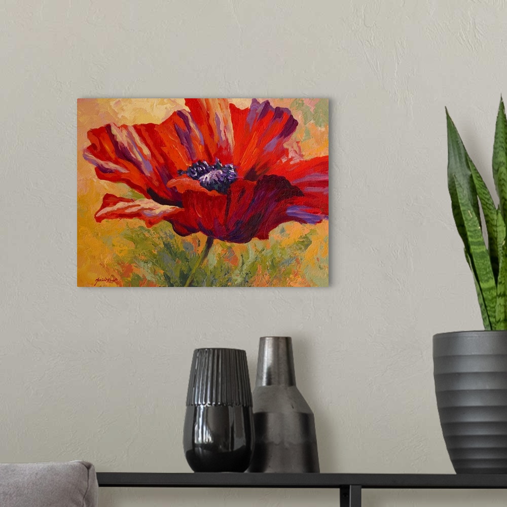 A modern room featuring Big contemporary art focuses on a single brightly colored flower positioned in front of a backgro...