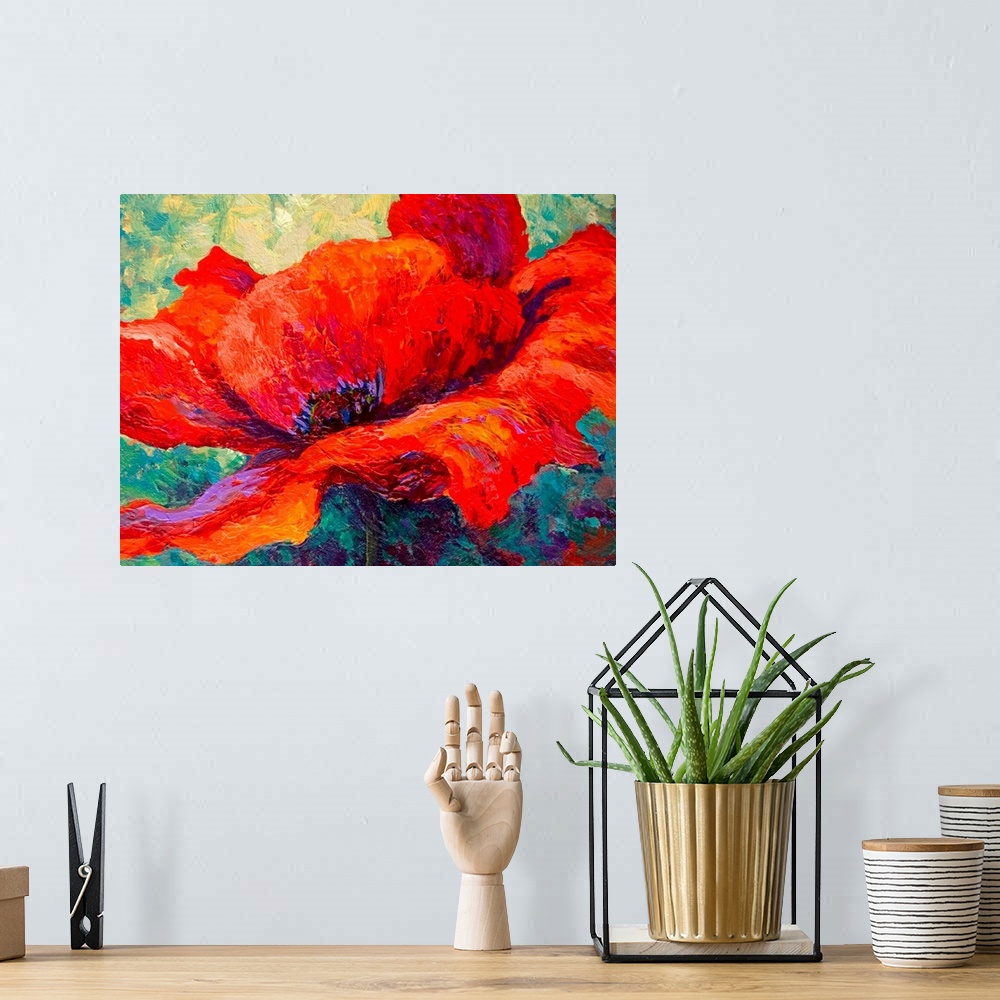 A bohemian room featuring Up close contemporary painting of flower featuring its petals and stem.  The background created c...
