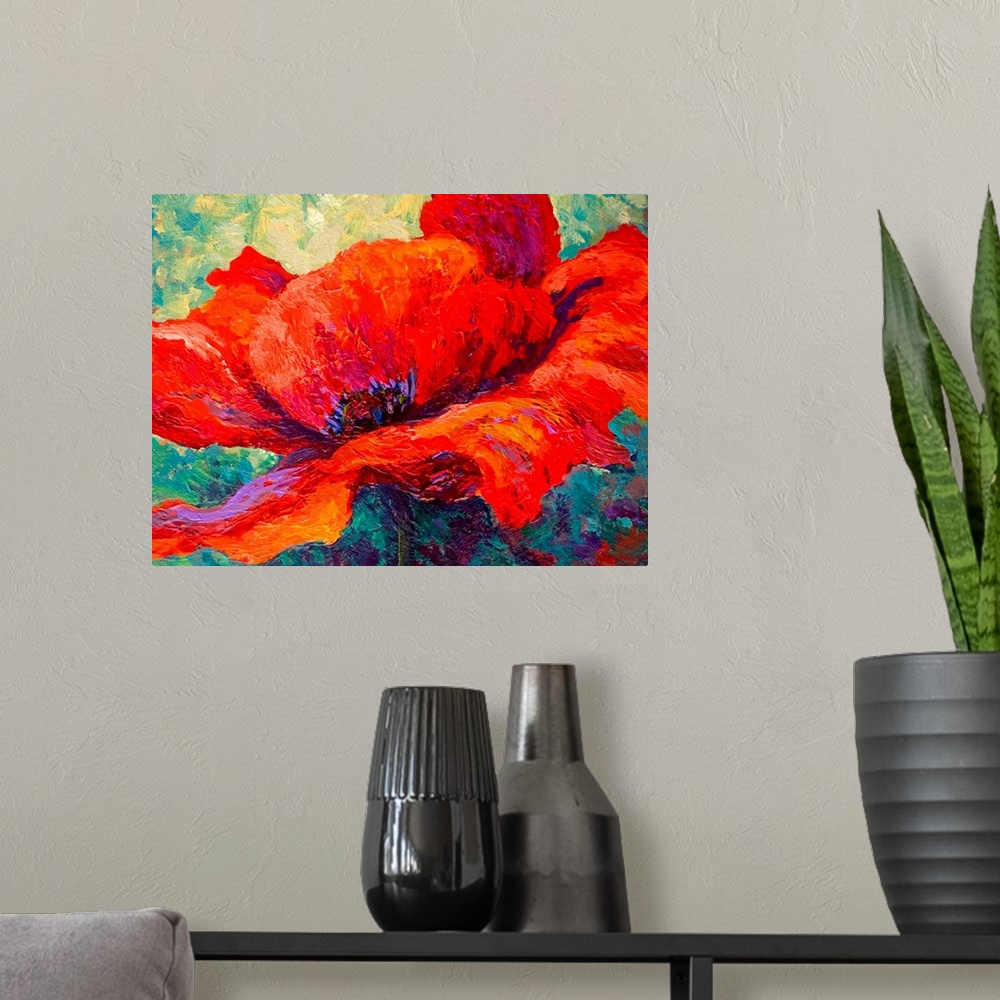 A modern room featuring Up close contemporary painting of flower featuring its petals and stem.  The background created c...