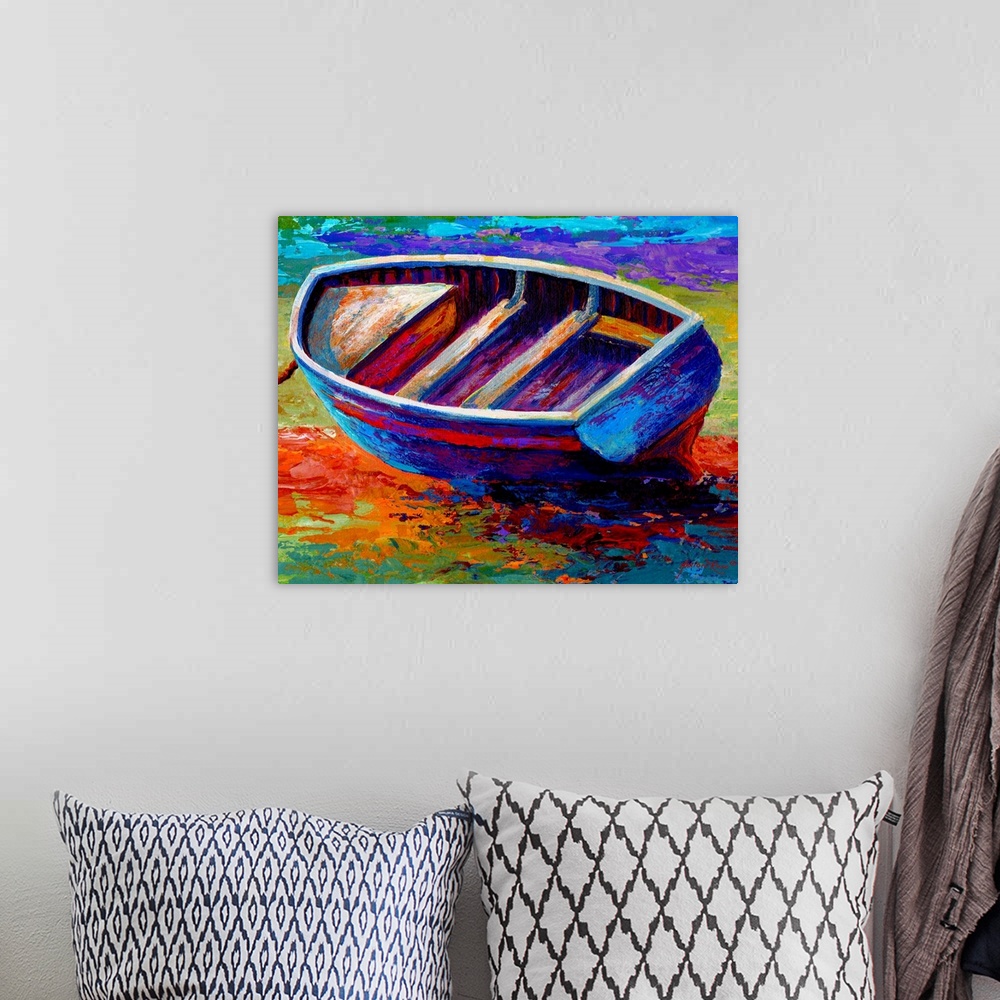 A bohemian room featuring Horizontal, contemporary painting on a large canvas of a small wooden boat, leaning to one side a...