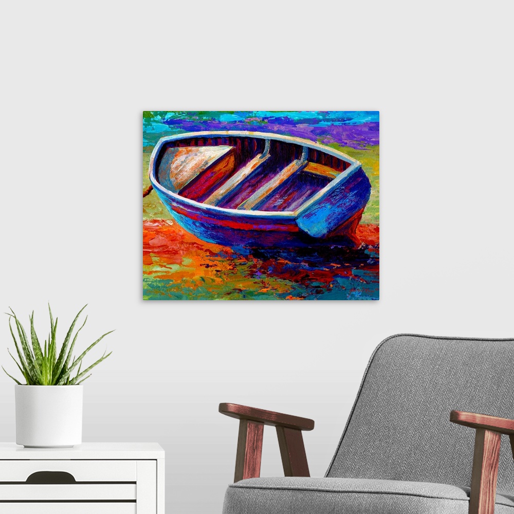 A modern room featuring Horizontal, contemporary painting on a large canvas of a small wooden boat, leaning to one side a...