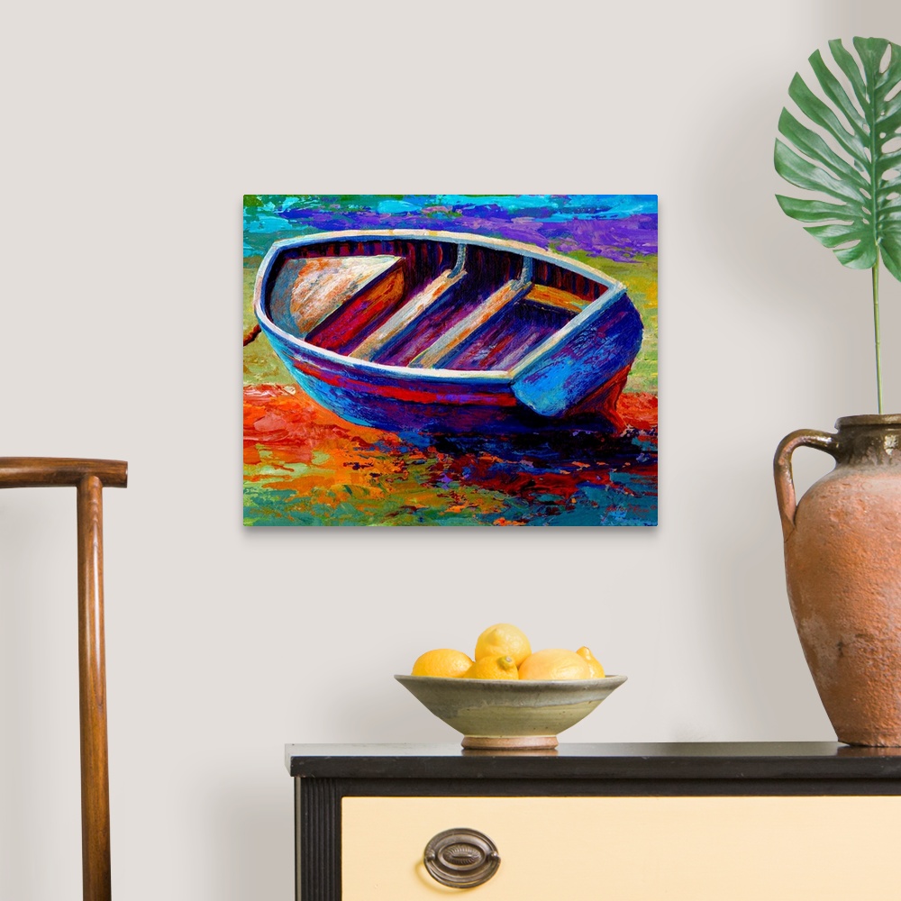 A traditional room featuring Horizontal, contemporary painting on a large canvas of a small wooden boat, leaning to one side a...